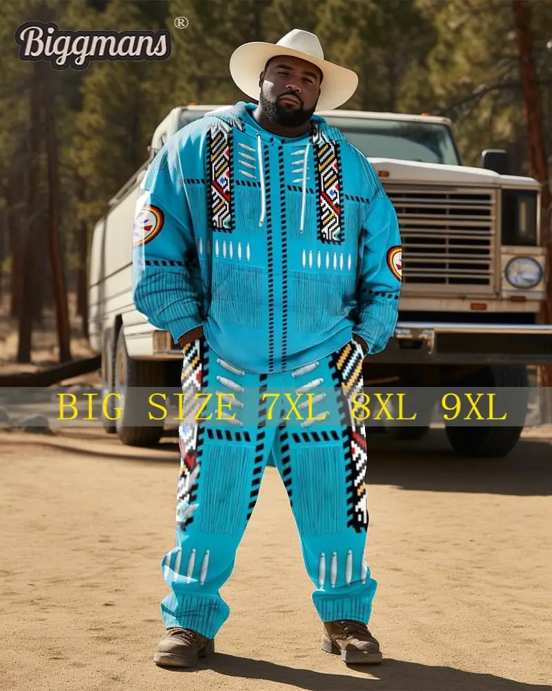 Biggmans Plus Size Per Uomo Felpa Con Cappuccio Blu Set Abbigliamento Western Bull Totem Stampa Manica Lunga Modello Grande E Alto L-9Xl