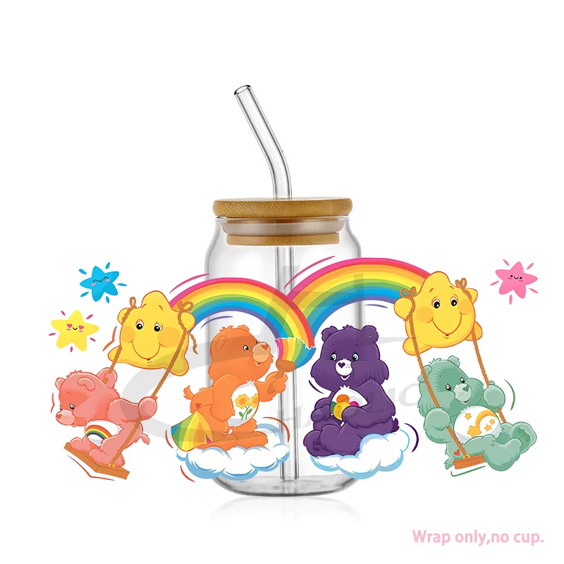Cute Bear Rainbow UV DTF 16oz Libbey Cup Digital Wrap UVDTF Transfer Adhesive Wrap No Heat Needed Cup Not Included sticker cups cup wraps uv dtf wrap transfer
