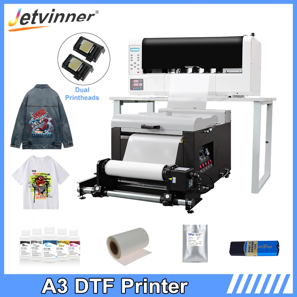 

Jetvinner Dual Head XP600 DTF Printer Directly Transfer Film Printer with Powder Shaking Machine For T shirt Textiles A3 Printer