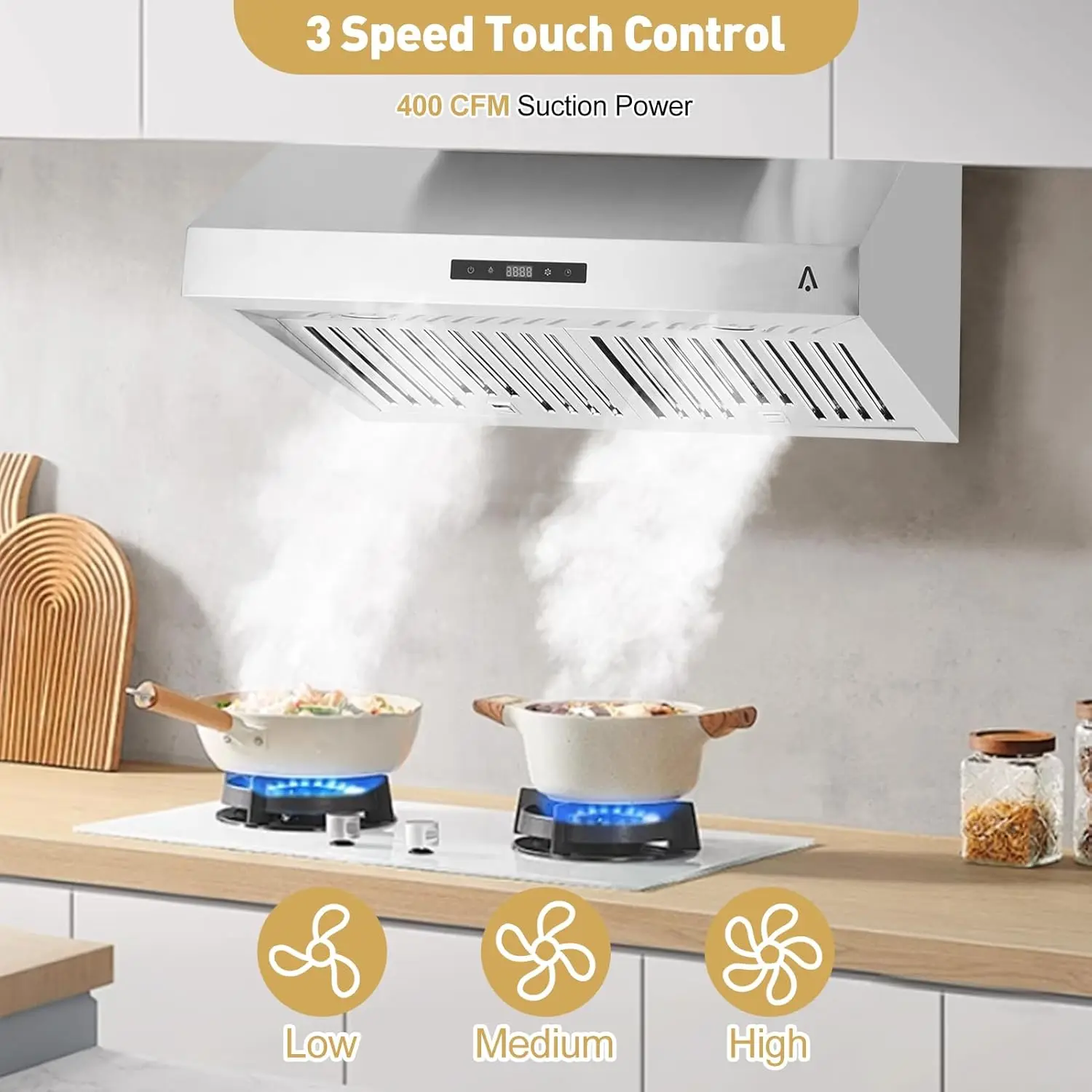 30 Inch Range Hood Under Cabinet, Stainless Steel Kitchen Range Hood with 3 Speed Touch Control, 400 CFM Suction Power, Silver