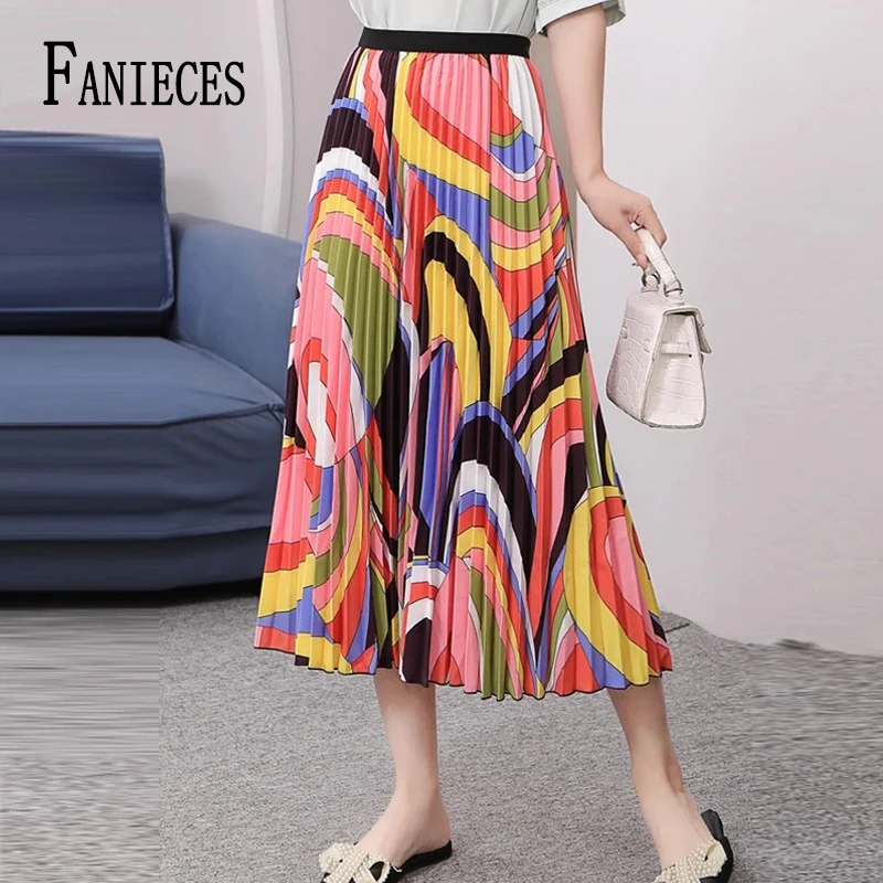 FANIECE Brand Designer Women Pleated Mid-length Skirt Luxury Print High Waist A-line Elegant Party Fold Midi Skirt Casual Faldas