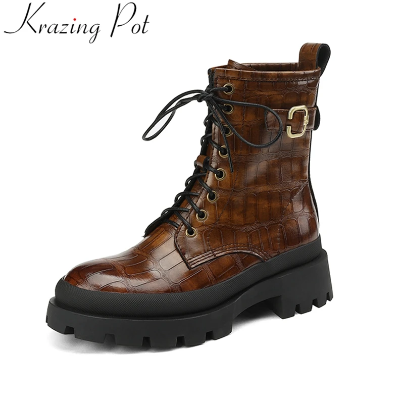 

Krazing Pot 2023 Fashion Cow Leather High Heels Lace Up Motorcycles Boots Warm Winter Shoes Platform Print Casual Ankle Boots