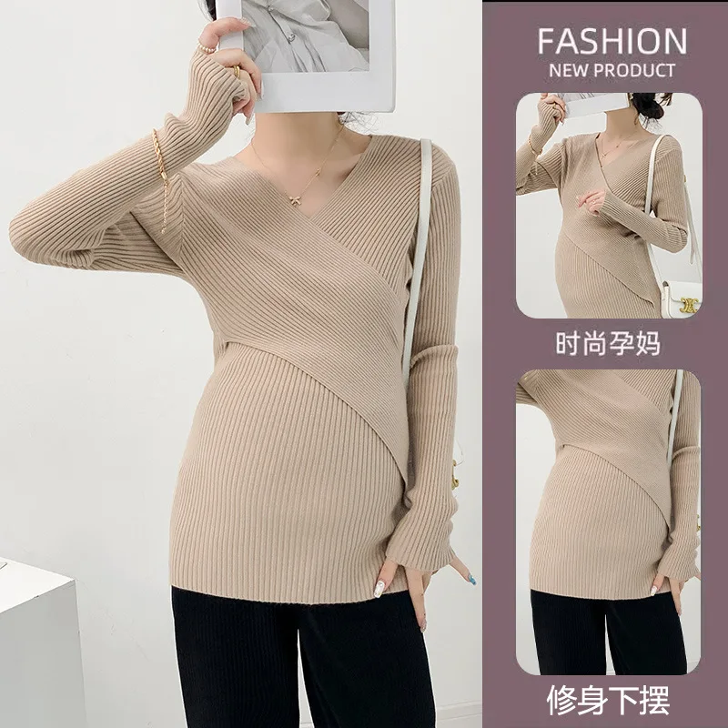 Pregnant Sweater Spring Autumn Cross for Breastfeeding Slim Solid Color Simple Casual New Bottoming Maternity Clothes All-match