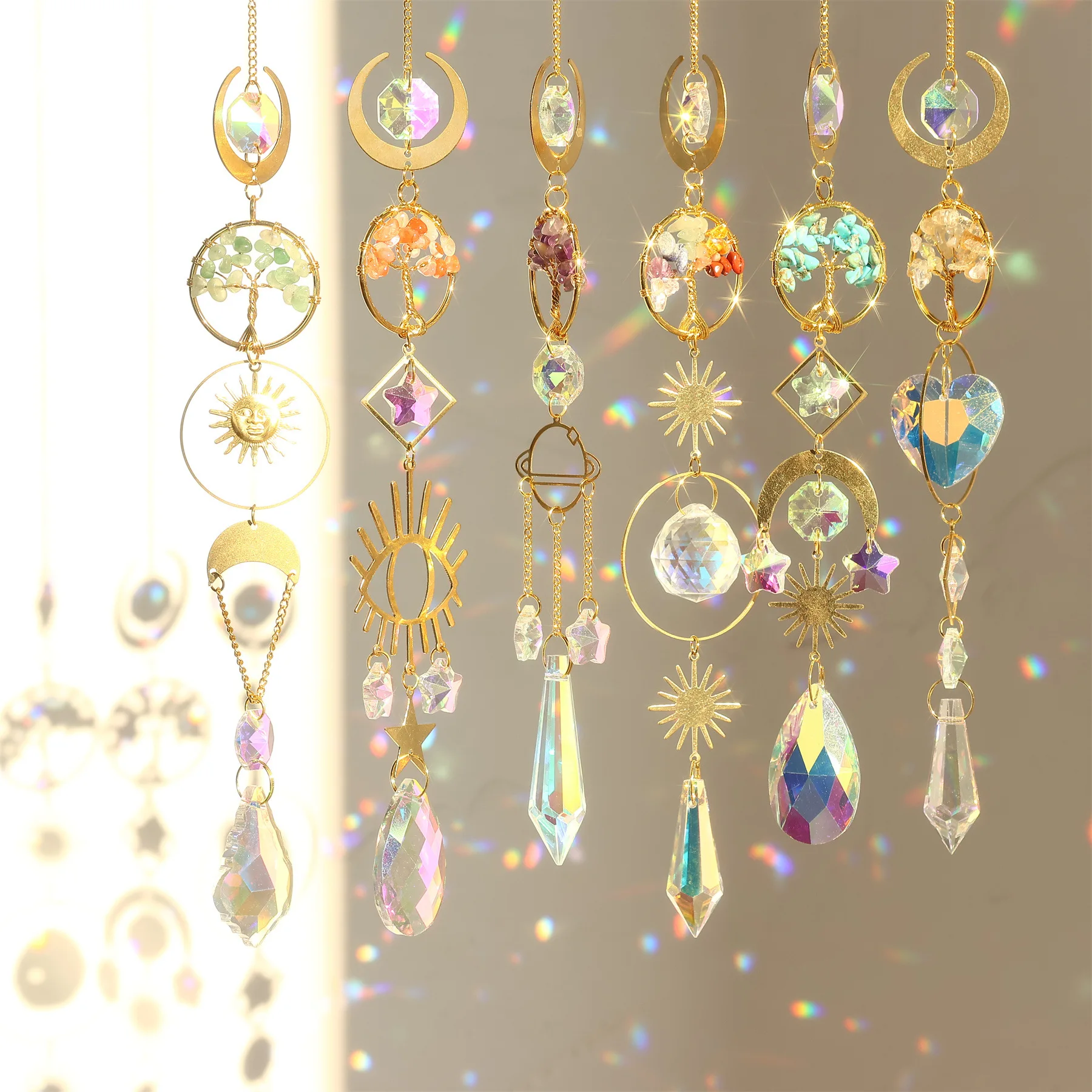 Tree Shape Natural Stone Suncatcher Hanging Prism of Life Sun Catcher Home Outdoor Decorative Pendant Rainbow Maker 41cm
