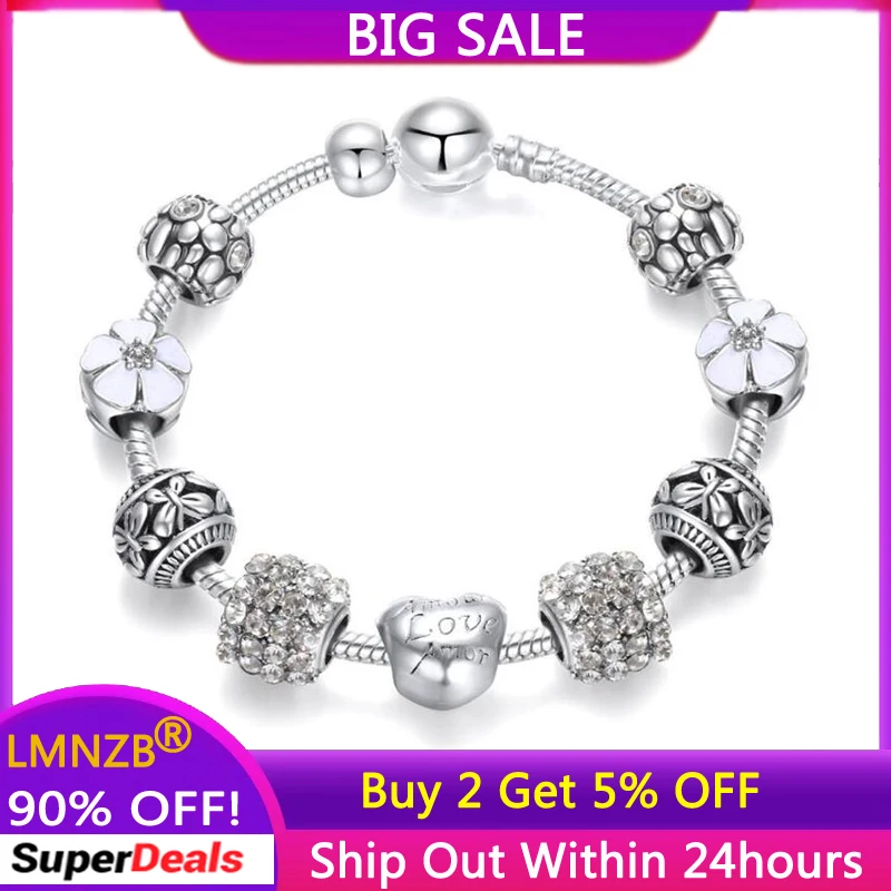 

LMNZB Allergy Free Tibetan Silver Charms Bracelet Fine Flower Pattern Crystal Beads Bracelet Fashion Jewelry Gift for Women Girl