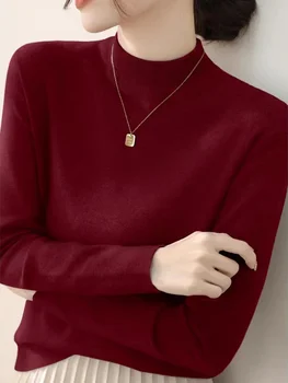 المرأة بلون محبوك البلوفرات الياقة المدورة سترة المرأة 2025 موضة تمتد القمم كم طويل قاعدة طبقة سترة 5