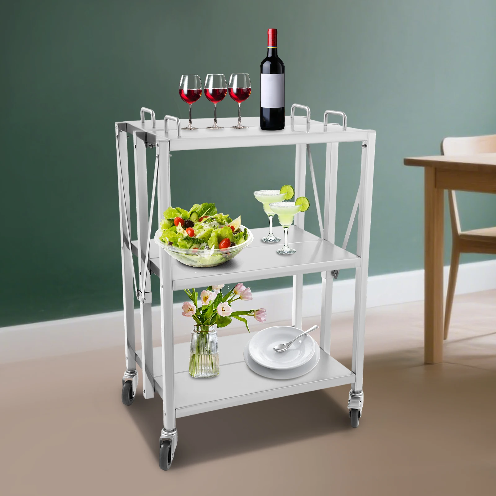 3-stufiger, faltbarer Küchenwagen aus Edelstahl mit Rädern und Bremsen, robuster Aufbewahrungswagen für Zuhause, Restaurant, Café – Detail 4