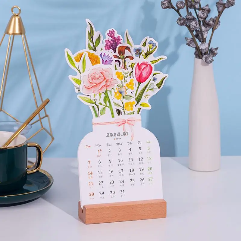 

1pc 2024 Wooden Frame Bloomy Flowers Desk Calendar Cute Creative Mini Notepad Exquisite Floral Girl Desktop Calendar Decoration