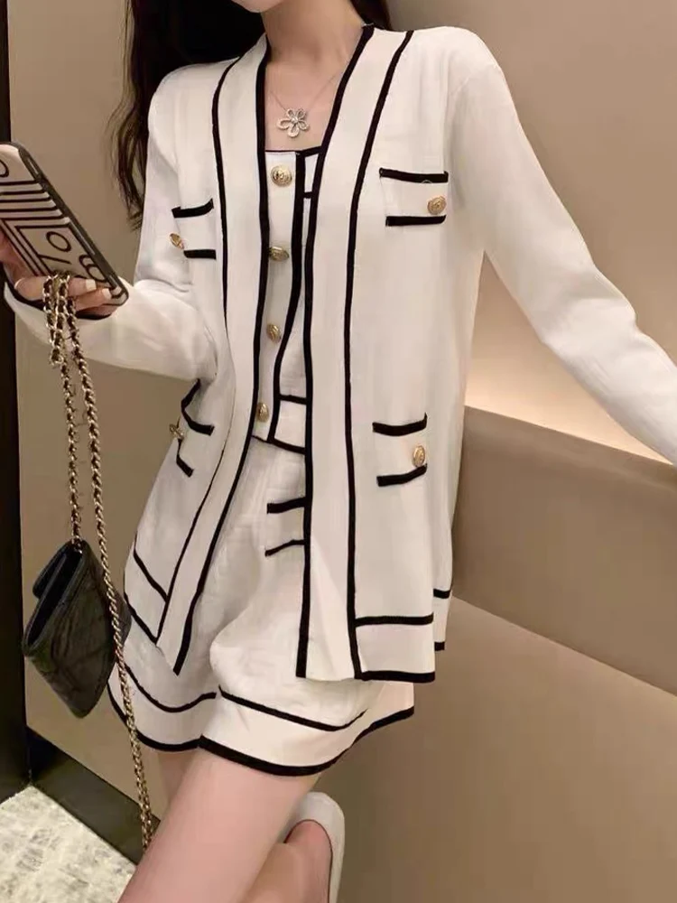 

Casual Set V-Neck Knitted Cardigan With Suspended Tank Top And High Waist Shorts Three Piece 2023 New Fashion Women'S Clothing
