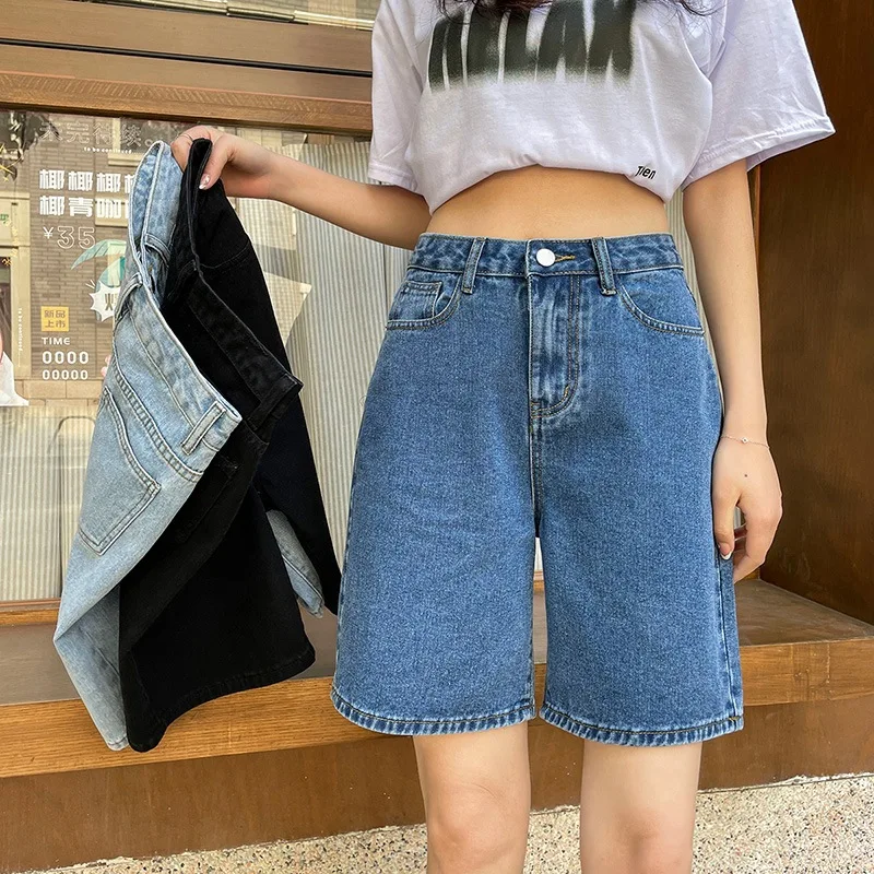 여성용 하이 웨이스트 청바지, 데님 반바지, 레트로 와이드 레그, 헐렁한 스트리트웨어, 워싱 데님 바지, 그런지 베이직 슬루시 블루 반바지, 2024