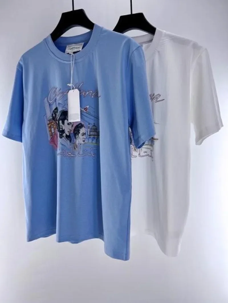 

Blue White Casablanca T Shirt Men Women High Quality Character Printing T-Shirt Top Tees