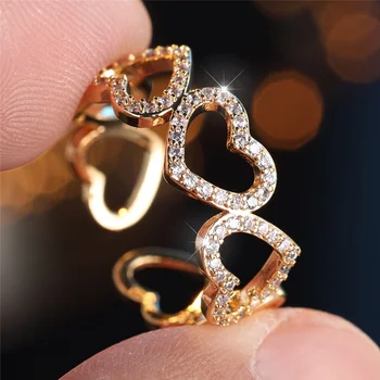 Cute Female Love Heart Open Gold Color Wedding Rings Promise Adjustable Engagement Jewelry For Women