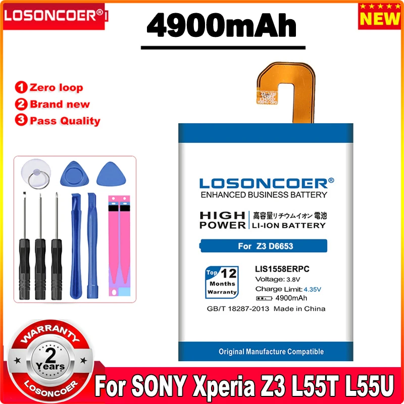 

LOSONCOER 4900mAh LIS1558ERPC Battery For Sony Xperia Z3 Battery L55T L55U D6653 D6603 D6633 D5803 D5833 D6616 D6708 Phone