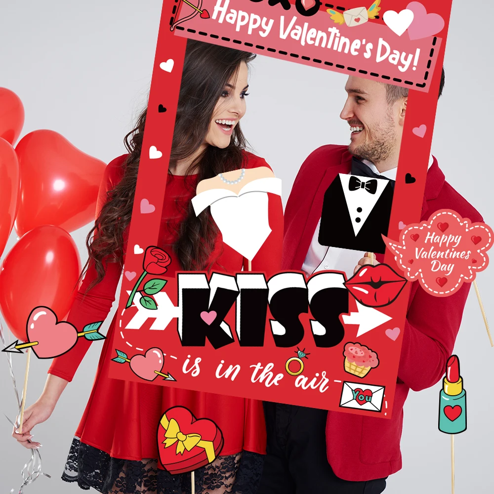 Valentine's Day Photo Booth Props Kit Love Heart XOXO Photo Props With Booth Frame Selfie Wedding Party Decorations