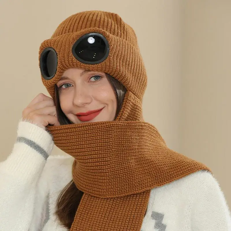 Warm Conjoined Ear Knitted Hat Windproof Goggle Lens Beanie Windproof Ear Protection Hat Soft Winter Knitted For Men Women