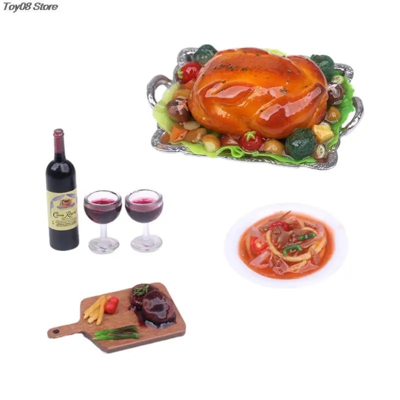 

1 Set Dollhouse Miniature Thanksgiving Turkey Dinner Steak Spaghetti Red Wine Model Kitchen Decor Toy Doll House Accessories