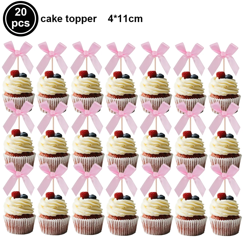 Set of 10 Pink Bow Cupcake and Cake Toppers for Coquette-Themed Parties and Bridal Showers