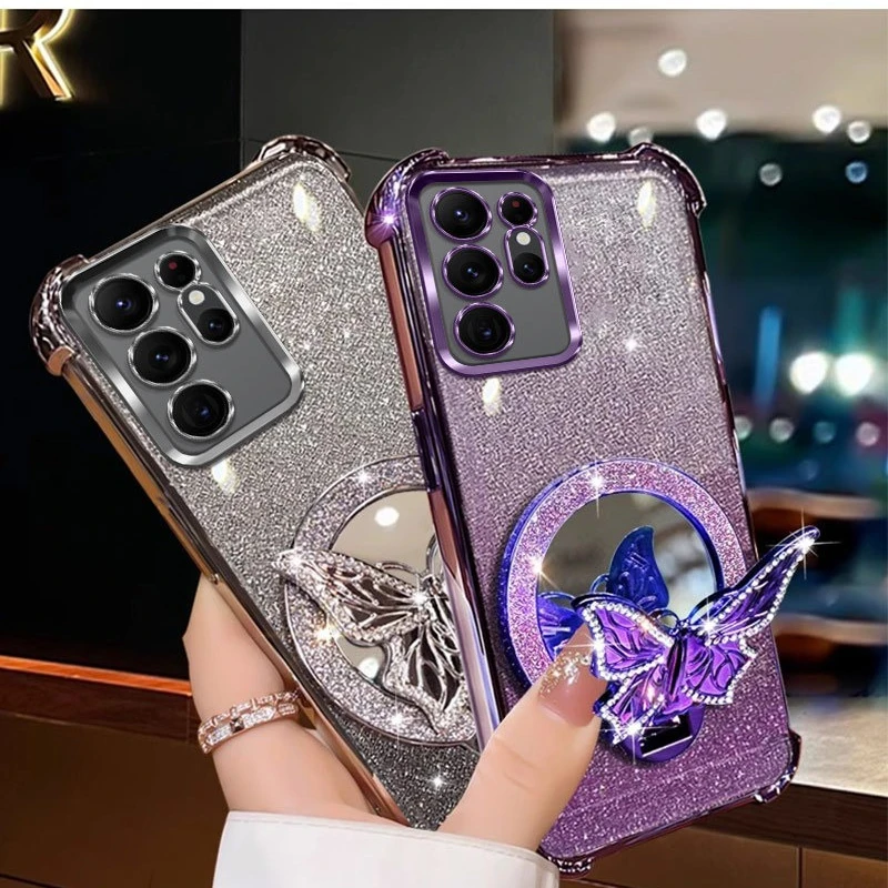 Glitter Butterfly Mirror Crystal Bracelet Shockproof Phone Case
