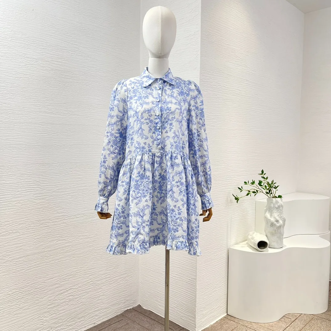 

Spring Summer 2024 New High Quality Linen Prairie Chic Long Sleeve Blue Flower Mini Dress for Women