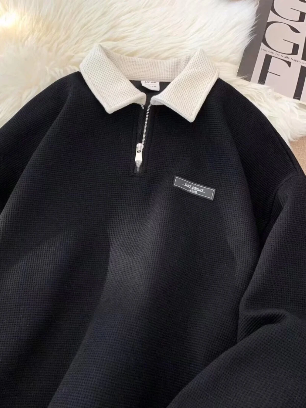 Casual  Sweatirt Men's Autumnal Retro Color Blo Collar Heavyweight College Sle Leisure Outerwear Youth Trendy Antif...