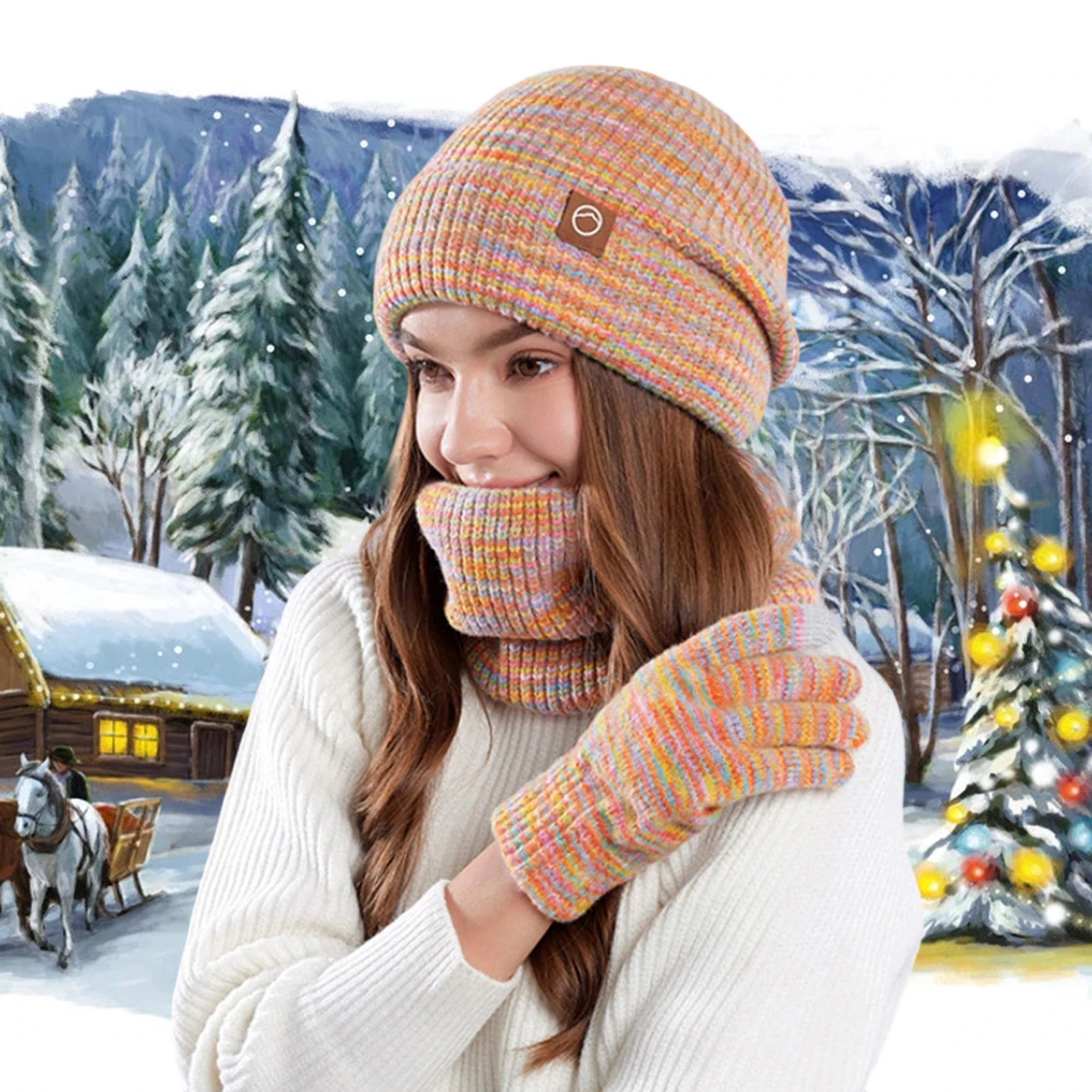 Unisex Winter Knit Beanie Scarf Gloves Set Thick Warm Ribbed Hat Matching Accessories for Men and Women