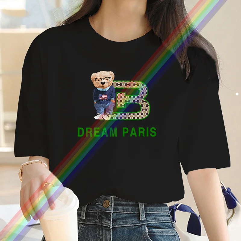 New fashion cartoon letter Bear print women's T-shirt street wear large casual Y2K cotton top summer women's short sleeve