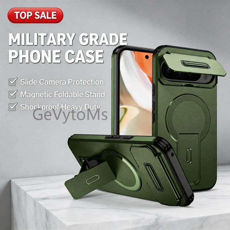 Rugged Military-Grade Kickstand Case with Lens Cover & Magnetic Car Holder