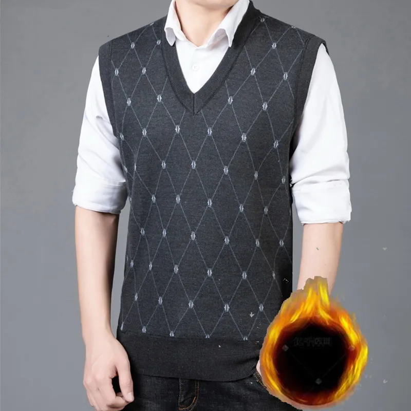 

2023 Mens Sleeveless Sweater Vest Fleece Thick Winter Slim Men Knitted Vests Bussiness Male Waistcoat Pull Homme Sweater Vest