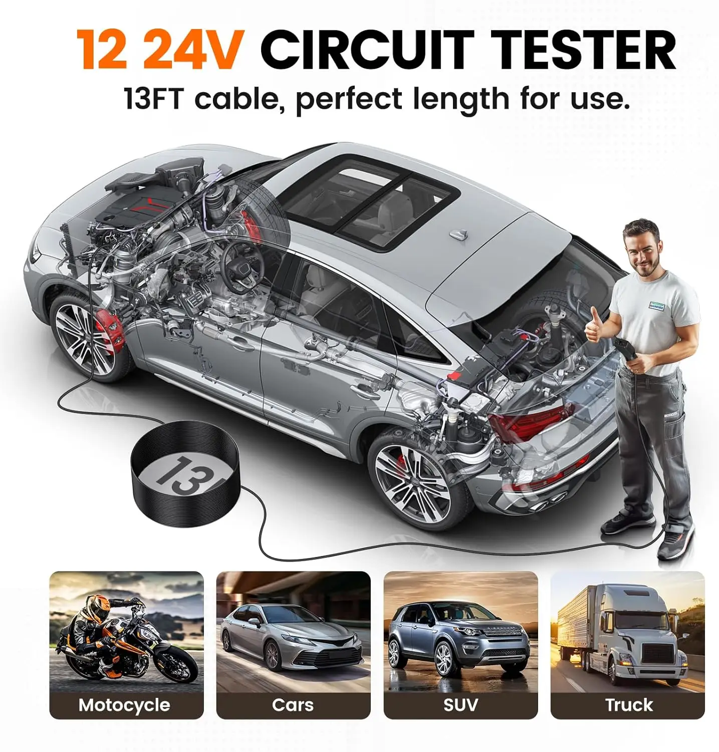 ANCEL PB50 12/24V Car Electric Circuit Tester Probe Pen Resistant Voltage Power Probe Kit for Auto Battery