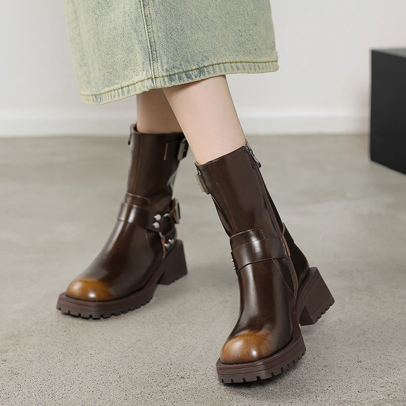 

Autumn Winter New Thick Sole Buckle Round Toe Knight Ankle Boots Hot Sale Genuine Leather Women Zipper Handmade Casual Shoes
