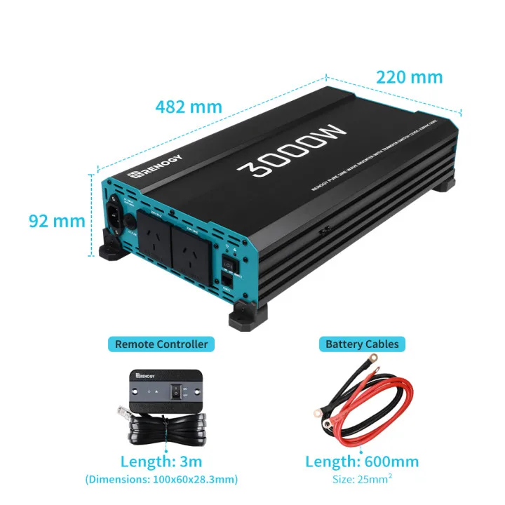 Renogy 순수 사인파 인버터, 오프 그리드 태양광 인버터, 리모컨 USB 포트, 12V DC-240V AC 컨버터, 3000W