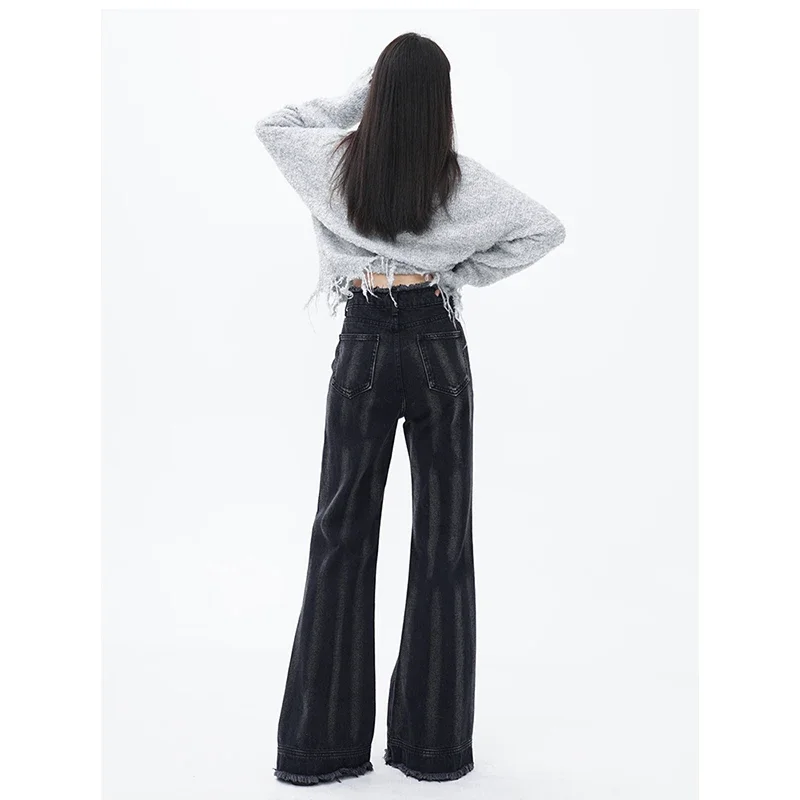 Women Black Jeans Gradient Vintage High Waisted HarajukuWide Leg Pants Fashion Y2K Style Straight Winter Female Denim Trouser