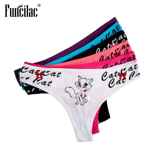 Cute Cat Print Thongs Women Sexy Lace G-string Cotton Bikini Panties Kitty  Underpants Briefs Set Underwear Lingerie 5 Pcs/lot - Panties - AliExpress