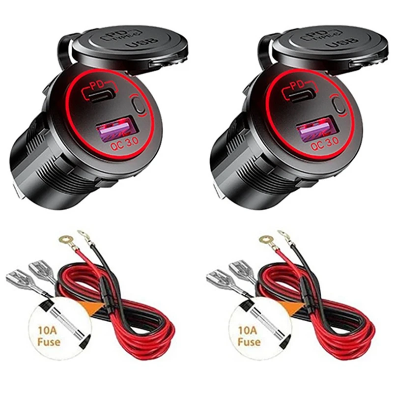 

2X PD Type C USB Car Charger And QC 3.0 Quick Charger 12V Power Outlet Socket With ON/Off Switch For Motorcycle RV ATV
