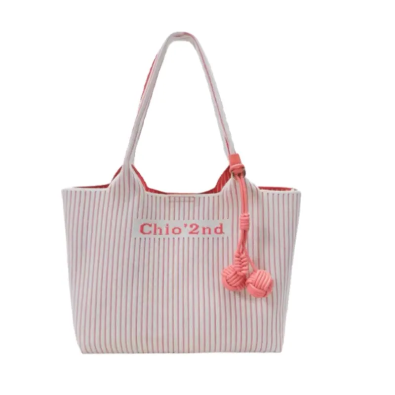 Sweet Cute Pink Stripe Tote Bag Women Letter Print Colorblock Large Capacity Shoulder Bag Ladies Casual Commuter Sle Handbag New