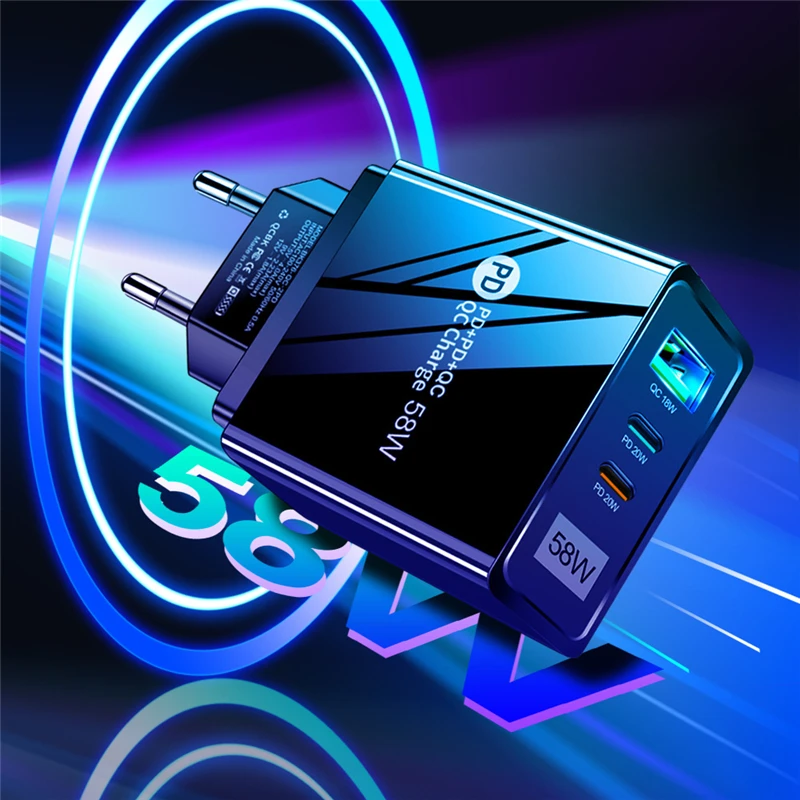 

58W 3 Ports Phone Charger Quick Charge 3.0 Mobile Phone Charger 2 USB C Wall Charger For iPhone Samsung Charger Phone Adapters