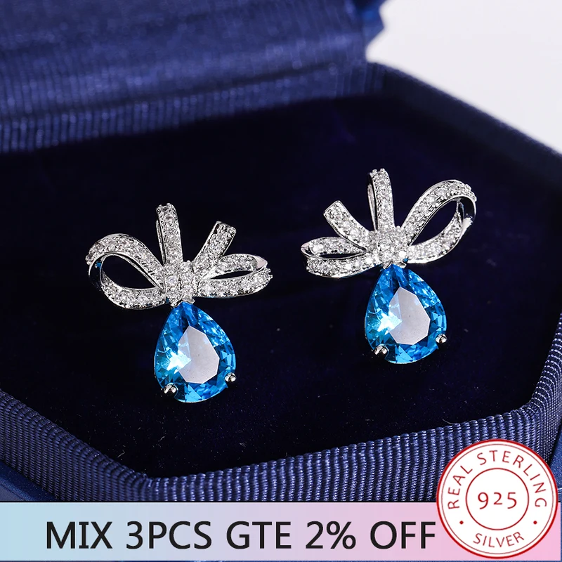 

Роскошные серьги в форме капли воды из синего циркона, серьги из стерлингового серебра 925 пробы, женская модная бижутерия, серьги с бантом