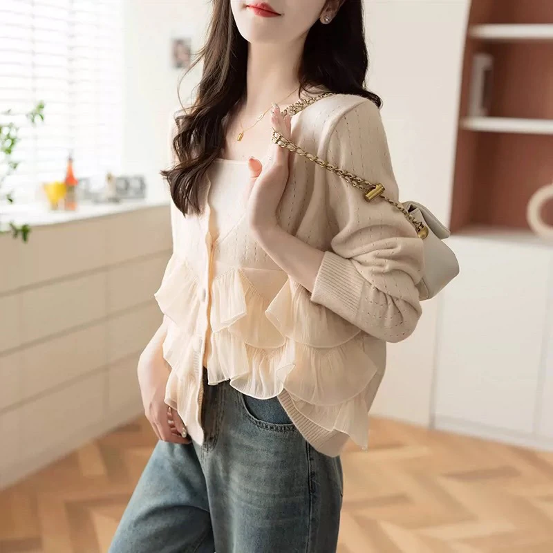 

Fashion V Neck Women's Sweater Cardigan Lace Ruffle Patchwork Knitted Cardigans Female Autumn Casual Knitwear Coat Women 2023