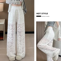 Blanc Sexy Dentelle Large Jambe Pantalon Femmes 2025 Nouveau Été Mince Haute Taille Creux Couture Avec Ceinture Chaîne Glace Soie Plancher Pantalons 1