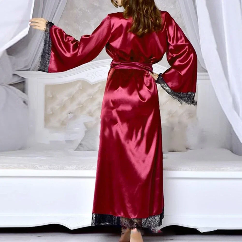 Women Long Bathrobe Kimono Robe Satin Nightdress Nightgown Nightwear Sleepwear Soft Sexy Home Perspective Cardigan Nightwear