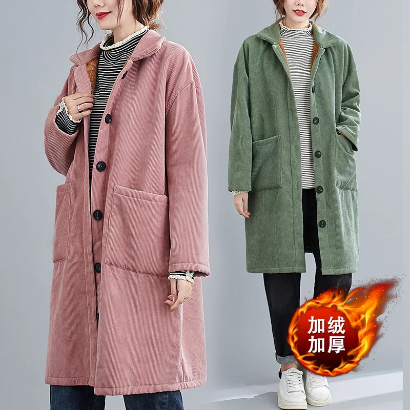 New Winter Coat for Women Corduroy Long Cotton Jacket Fur Lined Coats Parka Retro Warmth Thickened Loose Harajuku Korean Fashion