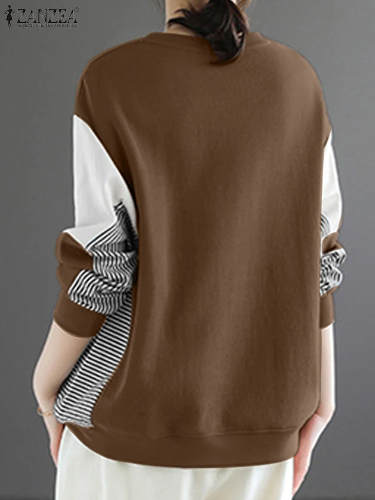 ZANZEA 2025 Autumn Long Sleeve Hoodies Women Colorblock Sweatshirt Fashion Korean Stripe Stitching Pullover Casual Loose Tops 4