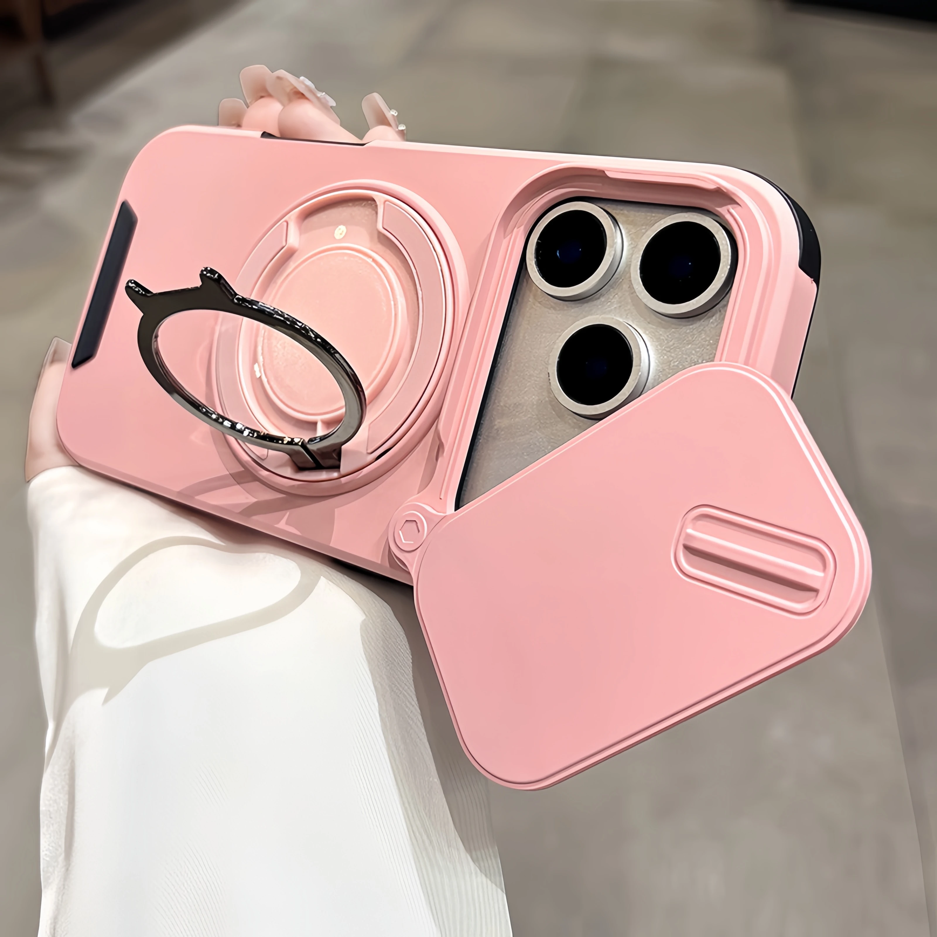 Luxury Heavy-Duty Armor Slide Camera Case with Magnetic Rotate Ring Holder