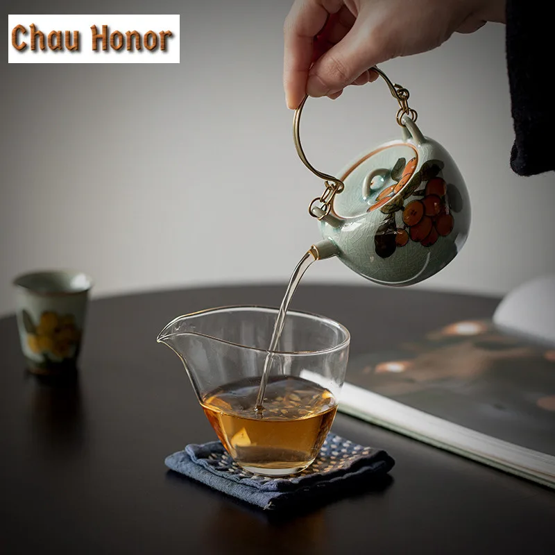 150ml Borneol Glaze Ceramic Teapot Pure Handpainted Loquat Art Tea Making Lifting Beam Pot With Fitter Household Kung Fu Teaware