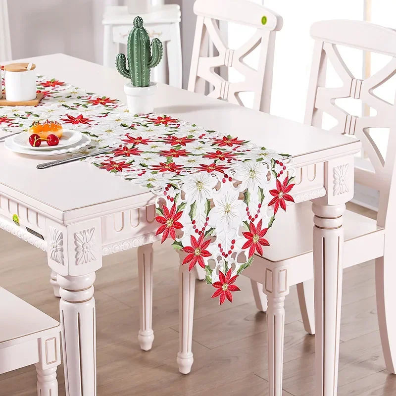 Tovaglia Runner Natalizia Ricamata – Lunga 275 Cm, Larga 28 Cm, Motivo Neve E Buon Natale, Colore Rosso/Grigio, In Lino