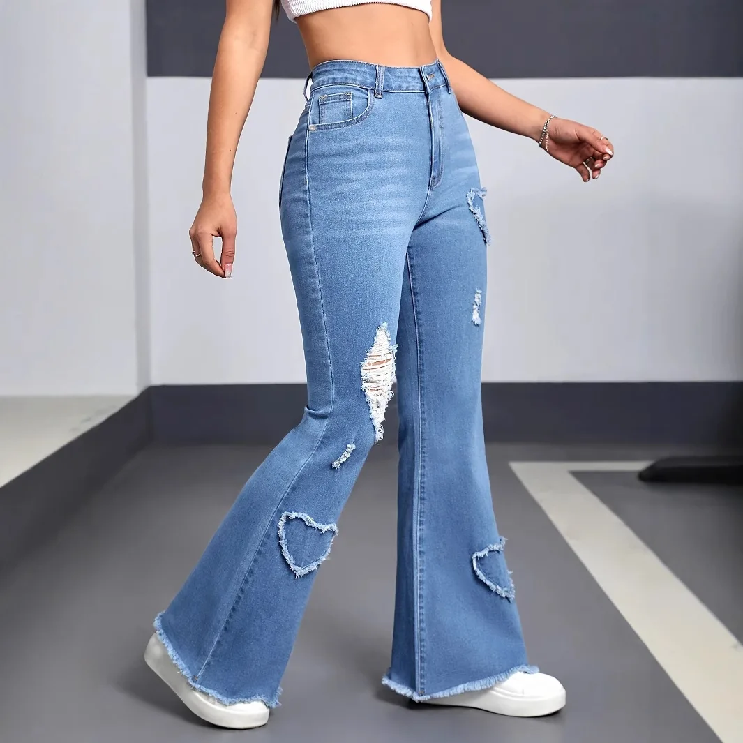 Y2K Blue Stretchy Heart Shaped Flared Jeans High Waist Retro Fashion Trendy Elastic Trousers for Women 5
