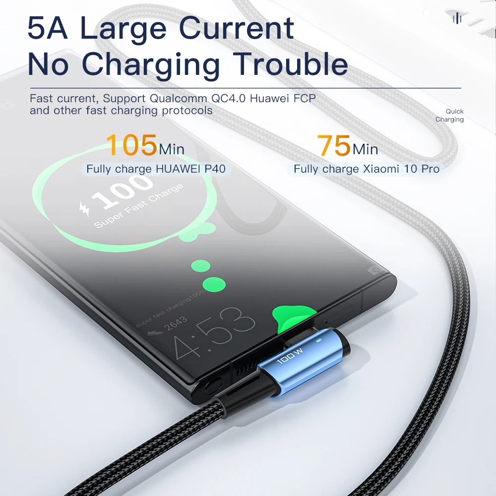 Essager-Cable de carga rápida para teléfono móvil, Cable de nailon trenzado de 100W con USB C a USB C para iPad, MacBook Pro, Xiaomi, Samsung y Huawei