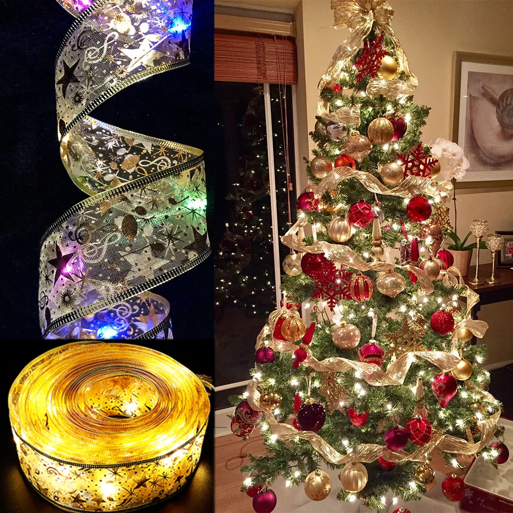Christmas Decoration LED Ribbon Lights Tree Ornaments DIY Lace Bows String Light