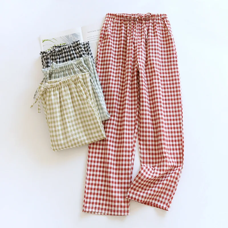 2024 New Japanese Spring/Summer Couple Sleepwear 100% Pure Cotton Gauze Men's and Women's Long Pants Thin Plaid Loose Home Pants