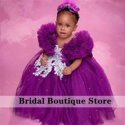 Cute Purple Baby Princess Girls Dress Appliques Pageant Ball Gowns African Child Dress For Wedding First Communion Photo Shoot